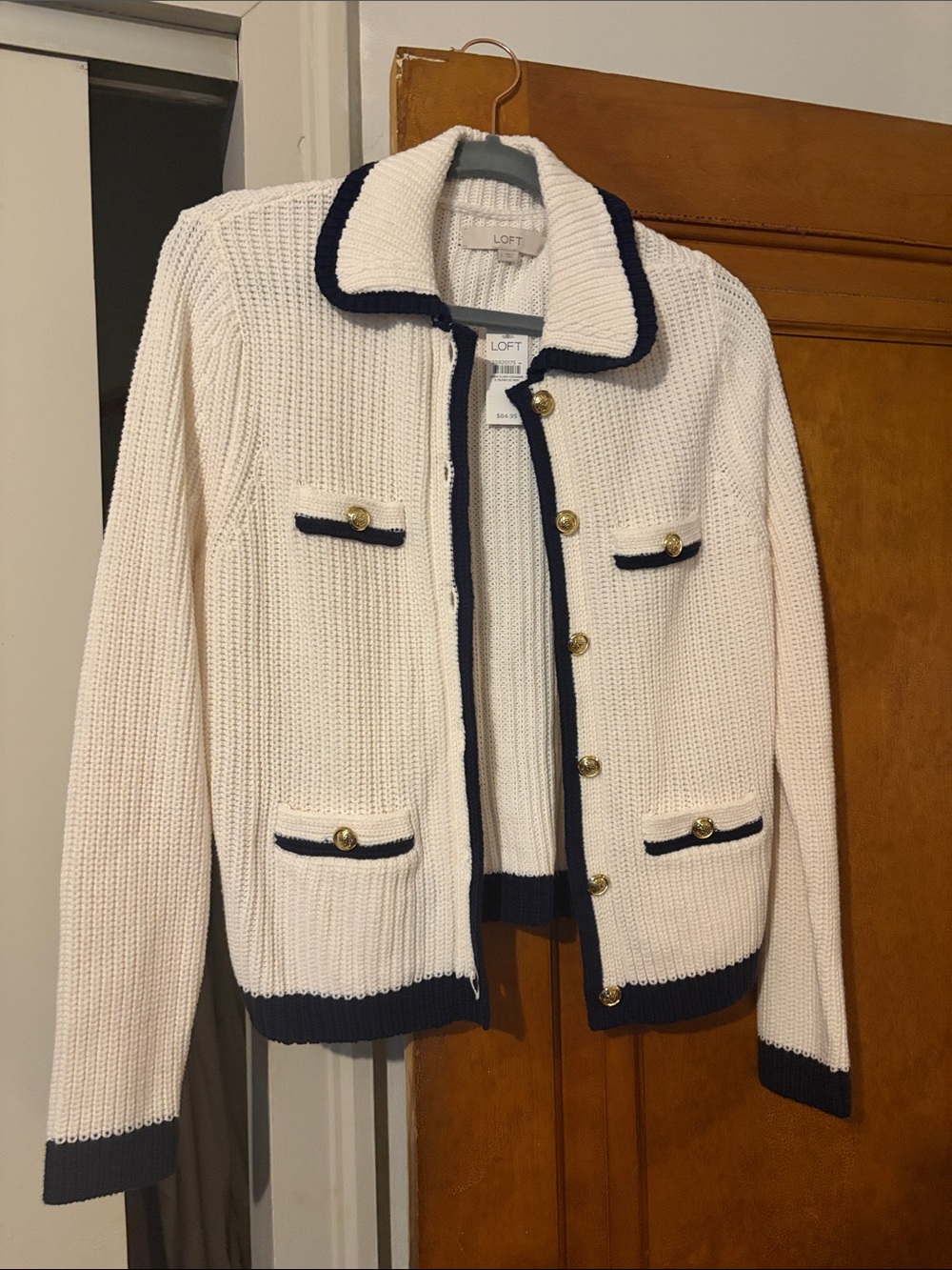 LOFT Cream Knit Jacket with Navy Trim and Gold Buttons NWT